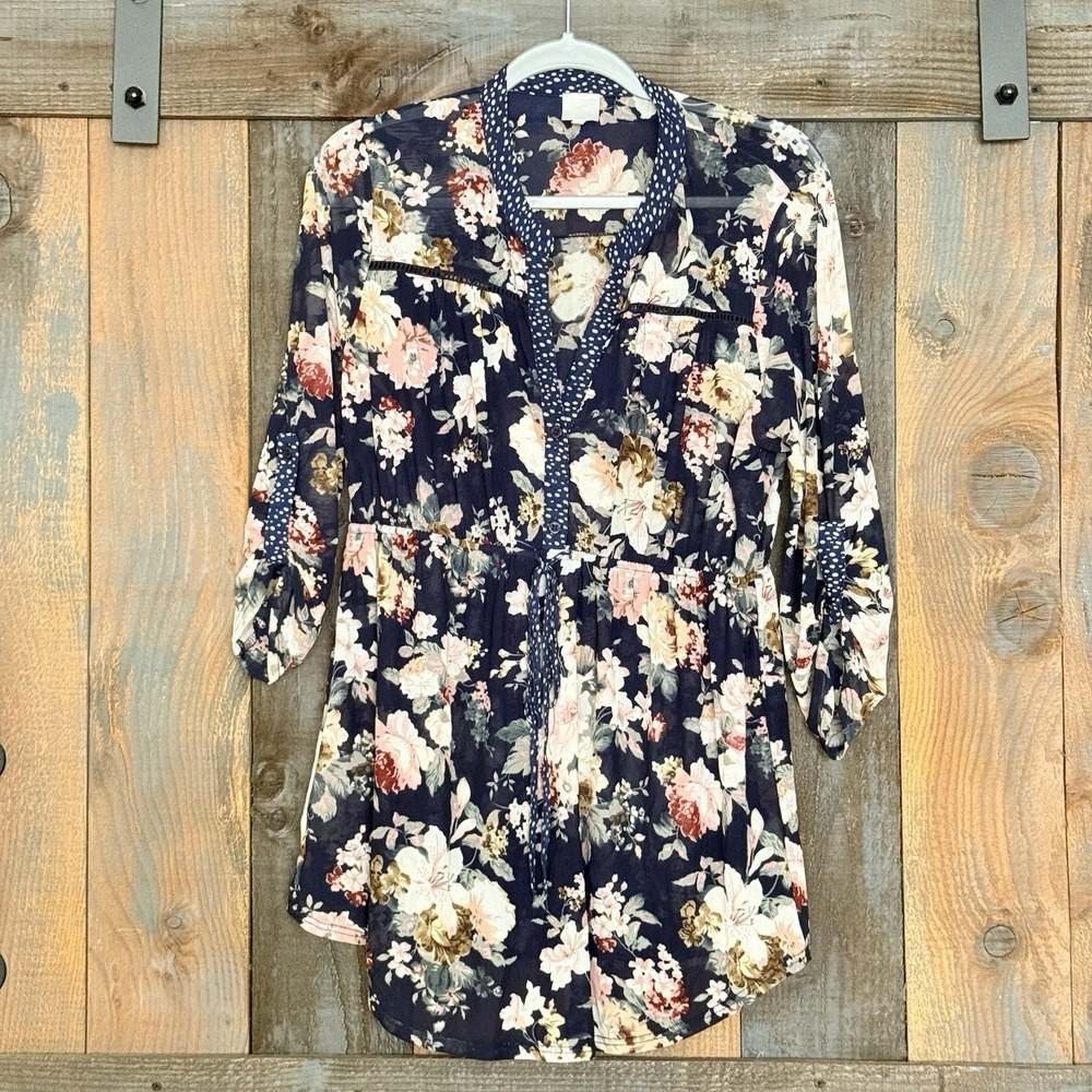 Siren Lily Floral Print Top Tab Sleeve Sheer Blouse Duster Size L